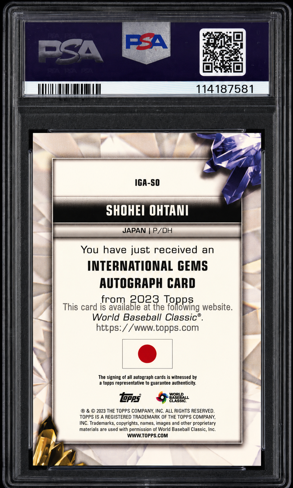 2023 Topps World Baseball Classic International Gems Autographs #IGASO Shohei Ohtani Auto /10 – PSA 8 NM-MT