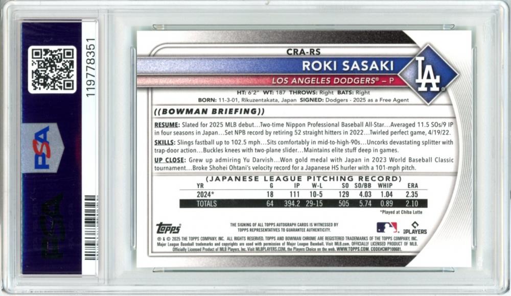 2025 Bowman Chrome Rookie Auto Green Refractor Roki Sasaki #CRARS /99 PSA 9 Mint | RC Auto | Dodgers