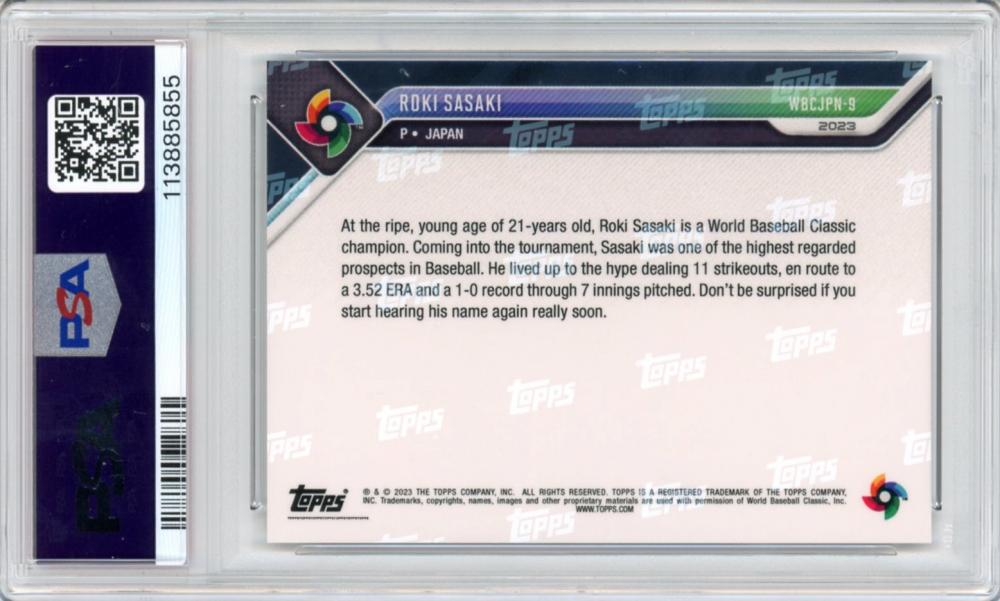 2023 Topps Now WBC Champions Team #WBCJPN9 Roki Sasaki PSA 10 Gem Mint | Team Japan | Pre-MLB | World Baseball Classic