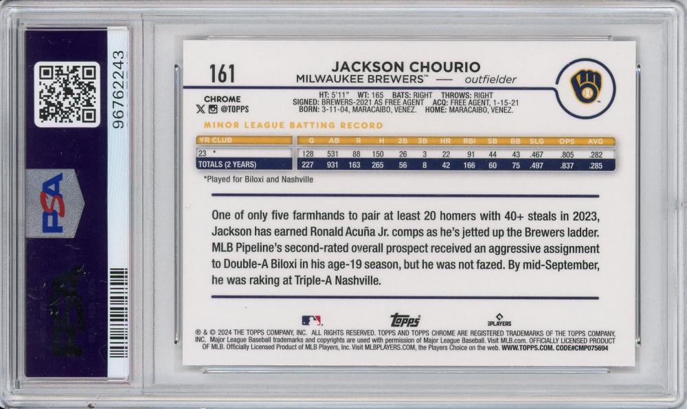 2024 Topps Chrome Jackson Chourio RC Magenta Speckle Refractor /350 PSA 10 Gem Mint #161