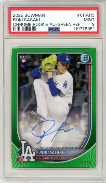 2025 Bowman Chrome Rookie Auto Green Refractor Roki Sasaki #CRARS /99 PSA 9 Mint | RC Auto | Dodgers