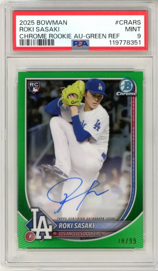 2025 Bowman Chrome Rookie Auto Green Refractor Roki Sasaki #CRARS /99 PSA 9 Mint | RC Auto | Dodgers