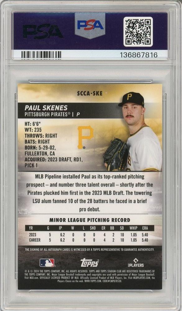 Paul Skenes 2024 Topps Stadium Club Chrome RC Auto /50 Rookie Autograph #21/50 – Pirates Top Prospect