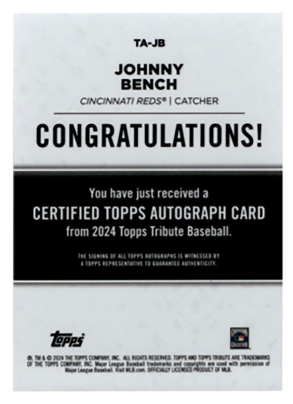 2024 Topps Tribute Johnny Bench Autograph /50 – Serial Numbered 40/50
