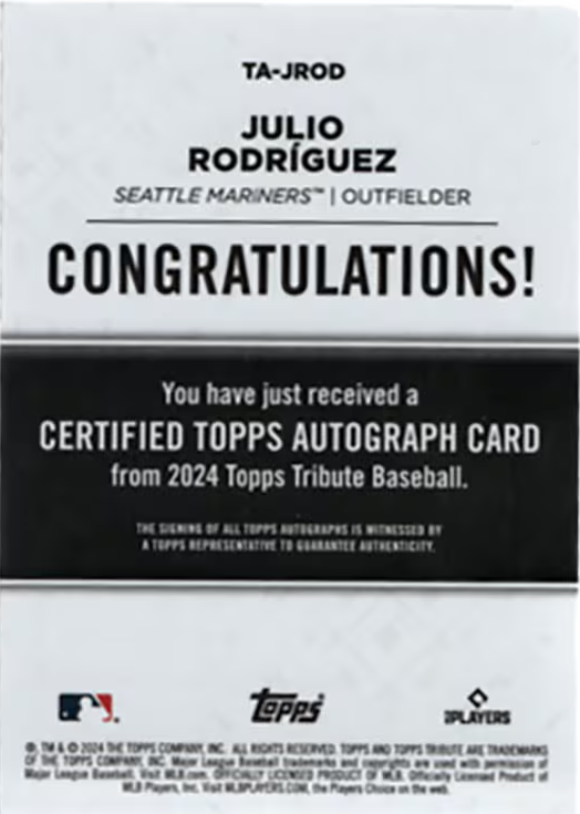 2024 Topps Tribute Julio Rodríguez Autograph /50 – Serial Numbered 20/50